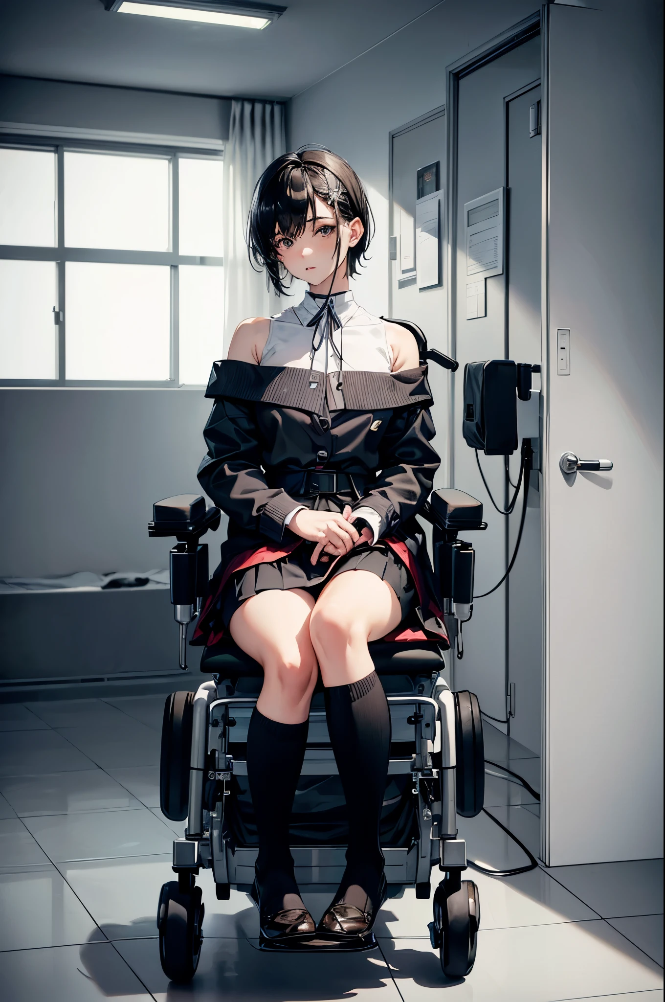 (Super detailed, realistic), hospital scene, [Moderately:Oil], [Professional:1.1], [Physically based rendering], [bright colors], [sharp focus], [studio lighting], [extreme details], [highest quality,4k,8K,High resolution,masterpiece:1.2],(detailed face),(full body),inside the house,inside the room,((One 18-year-old boy,femboy,trap)),(short black hair),(dark), [nervous eyes],(casual ladies fashion,off shoulder,skirt,socks,),((ride in an electric wheelchair)),((operate a power wheelchair))