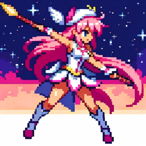 attack by throwing a spear , Pixel art, 6-life, full body, facing left, pink and white, holding a spear, magical girl, beret, long hair, Loose and fluffy , showing shoulders