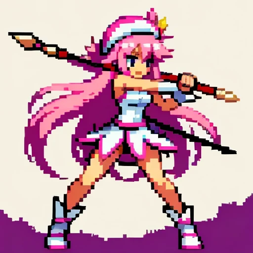 attack by throwing a spear , Pixel art, 6-life, full body, facing left, pink and white, holding a spear, magical girl, beret, long hair, Loose and fluffy , showing shoulders