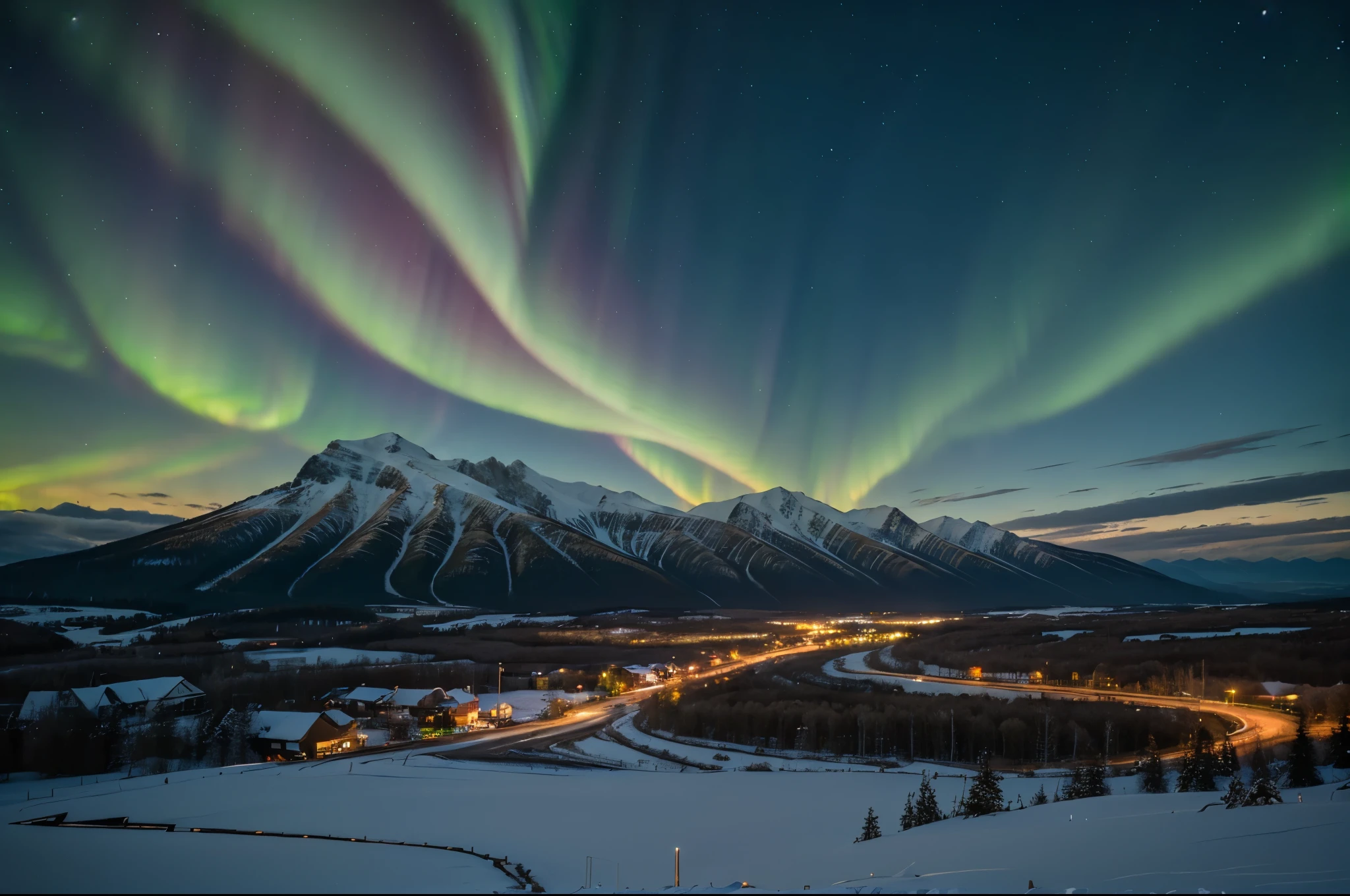 Background, lots of high mountains, lots of clouds, winter, northern lights, aurora, moon night, winter with small city wallpaper, beautiful lake, high details, realistic 8k full HD.