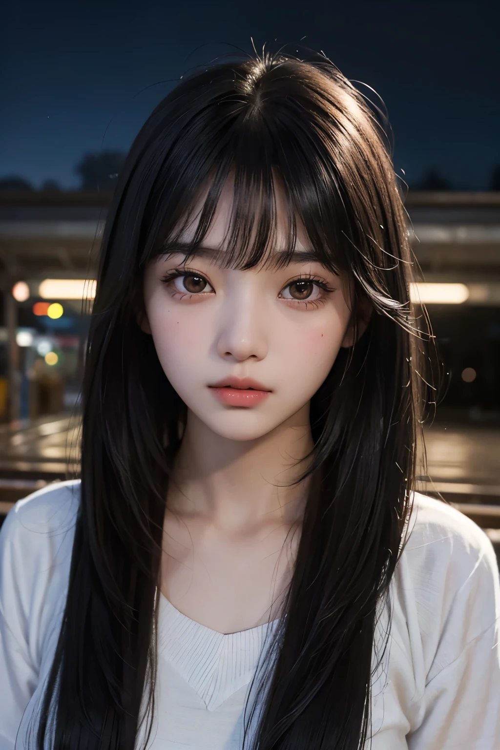 One beautiful woman。Detailed drawing of faces。Beautiful double eyelids。Straight nose。Well-shaped lips。Twenty years old。With her bangs down、Black Hair。She is standing on a deserted station platform at night.。He has a serious expression on his face.。Masterpiece。