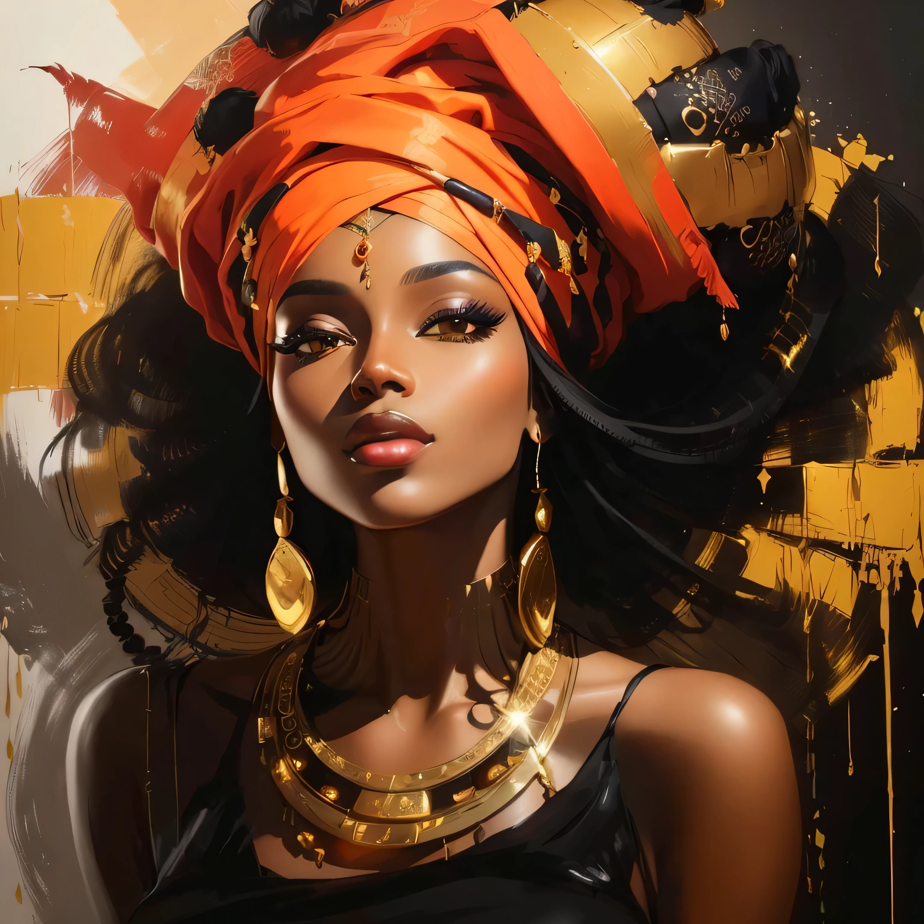 painting of a woman with a turban and gold jewelry, black art, stunning art style, african woman, beautiful art uhd 4 k, beautiful artwork, beautiful digital artwork, african queen, black african princess, black woman, gorgeous woman, stunning artwork, painting of beautiful, stunning digital painting, beautiful art, trending on artstration, gorgeous art, digital painting art