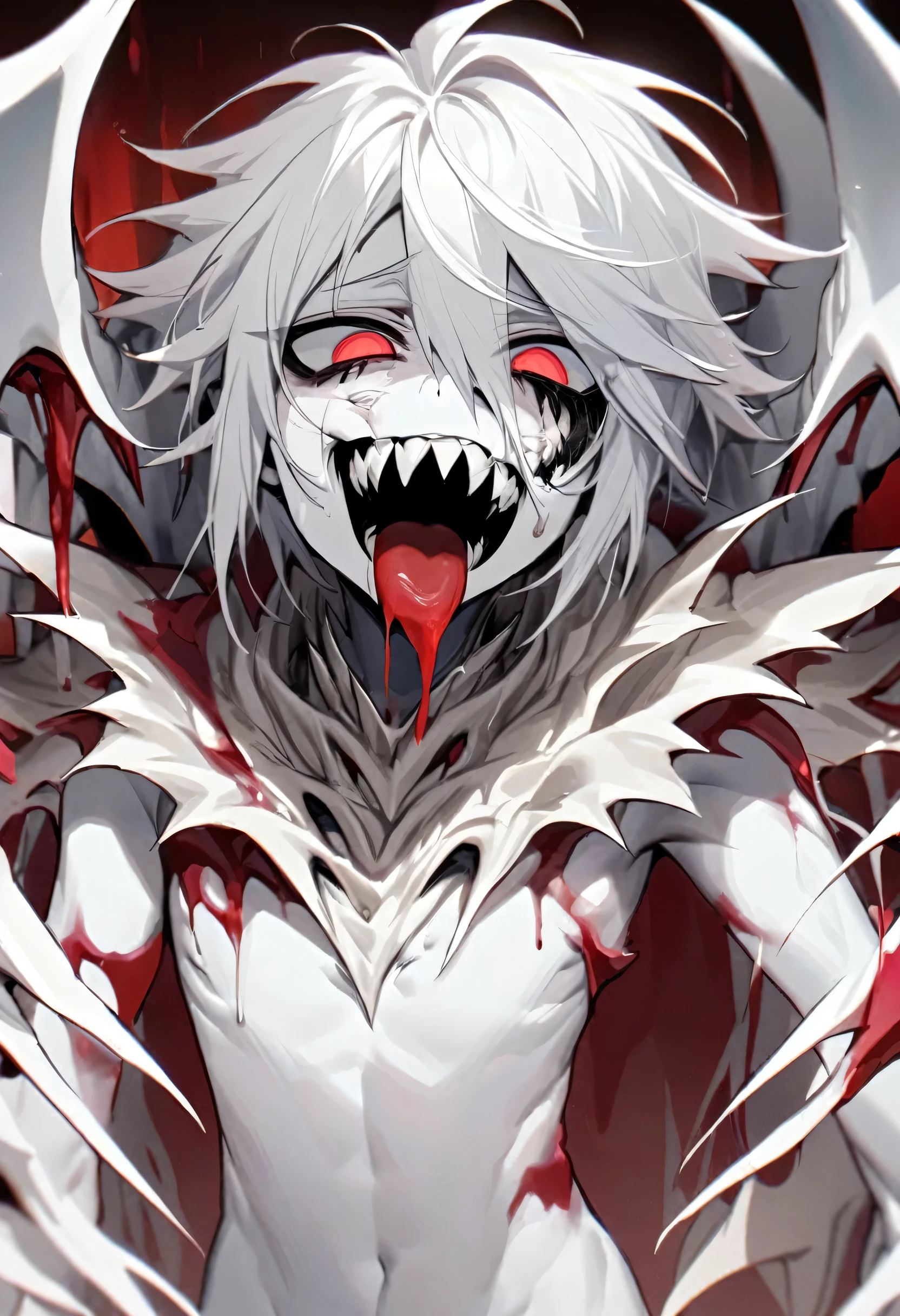 White monster boy, white skin with faint luster, androgynous, wine red eyes, white claws, disfigured face, black mouth, countless sharp teeth, black tongue, white hair.