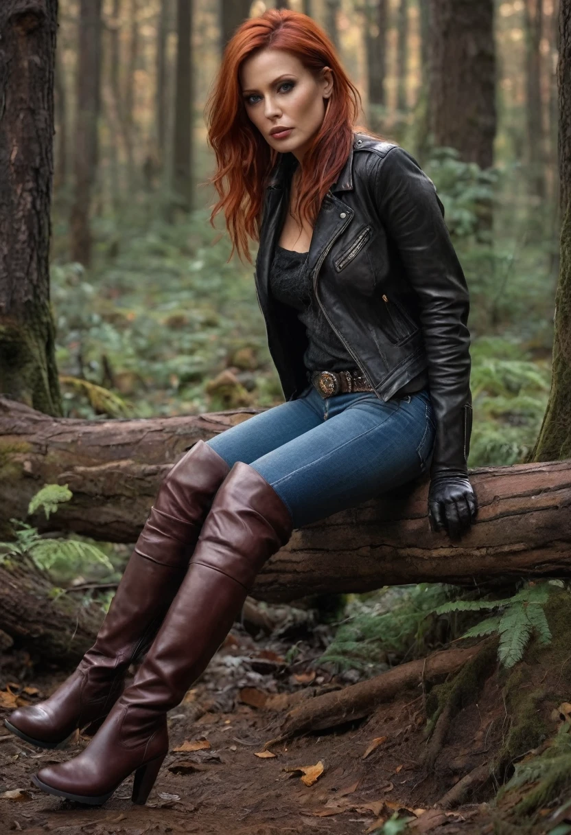 Hyper-realistic, ultra-detailed, Raw, masterpiece. dark forest. 40-years-old woman, on face: fright, depraved. (leather jacket), (flannel blouse), (heels), (crotch over-knee boots:1.8), (high waist jeans:1.2), shortness of breath, Trapped in lust, defenseless, Copper-red hair, hard breath,