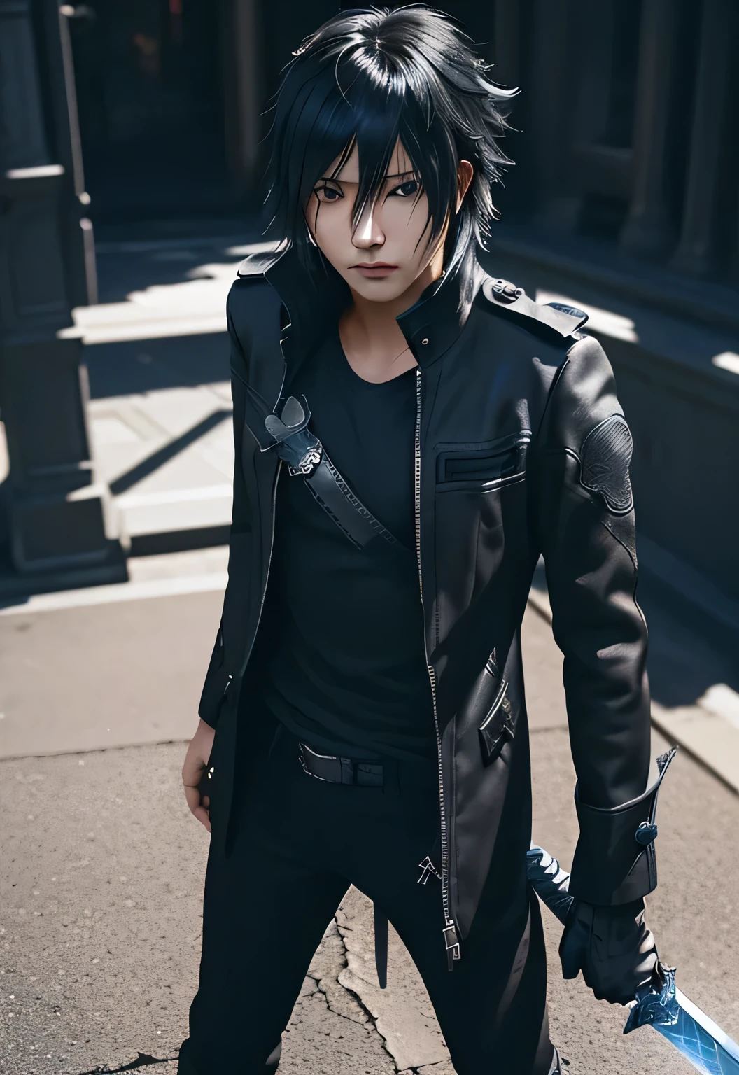 ((vindictive)), UHD ((spoiteful)),photorealistic, realistic skin,An alluring portrayal of a boy with an emo aestheticand Kazuto Kirigaya from SAO bring black and blue swords on back, highlighting his gorgeous face against a dark backdrop. His features should exude a sense of mystery and depth, with (messy:1.2) and (tousled:1.1) hair falling over one eye. He is dressed in a classic outfit that complements his style, black and blue swords in back ,with a (modern twist:1.1). The image should have a (contrasting:1.2) lighting, perfect lighting emphasizing the contours of his face and creating a captivating interplay of light and shadow. The overall tone should be moody and atmospheric, capturing the essence of his emo persona.full body, night city background 