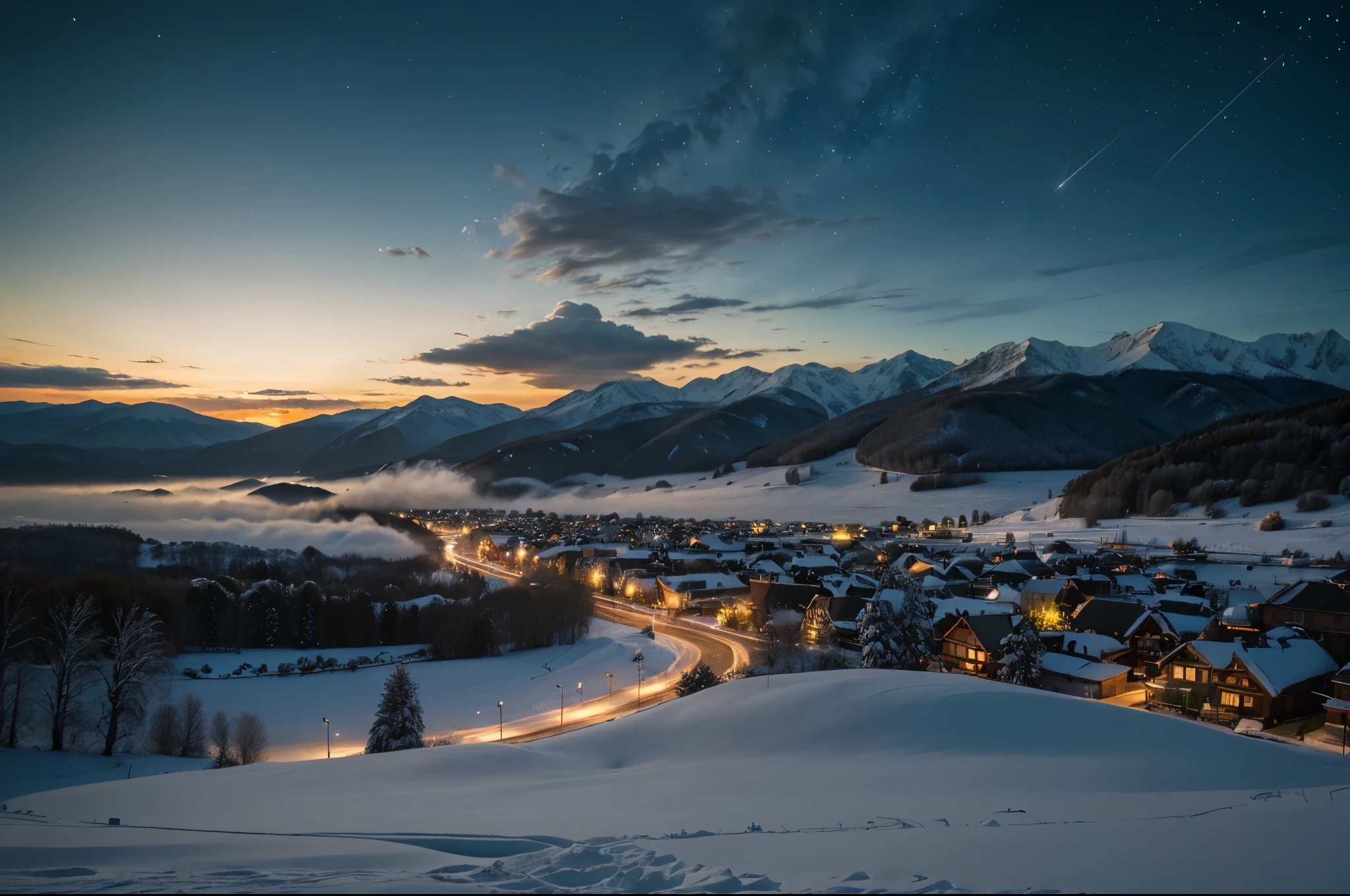 Background, lots of high mountains, lots of clouds, winter sky, seeing constellations, Galaxy, Milky Way, beautiful winter night with small city wallpaper, beautiful lake, high details, realistic 8k full HD.