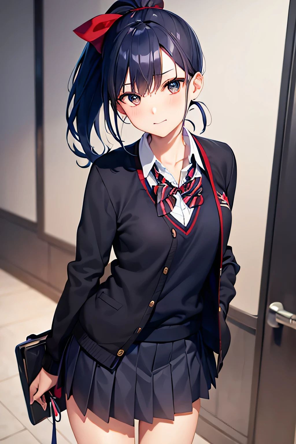 navy blue hair, ponytail, school background, shirt, black cardigan, check skirt, red bow tie, wealth, derision, Easy-going
