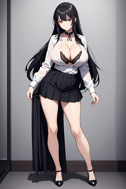 Italian girl, very long loose black hair, super mega gigantic breasts, unbuttoned white shirt, black lace bra, black pleated miniskirt, elegant shoes, slave collar, breasts tied together, thin