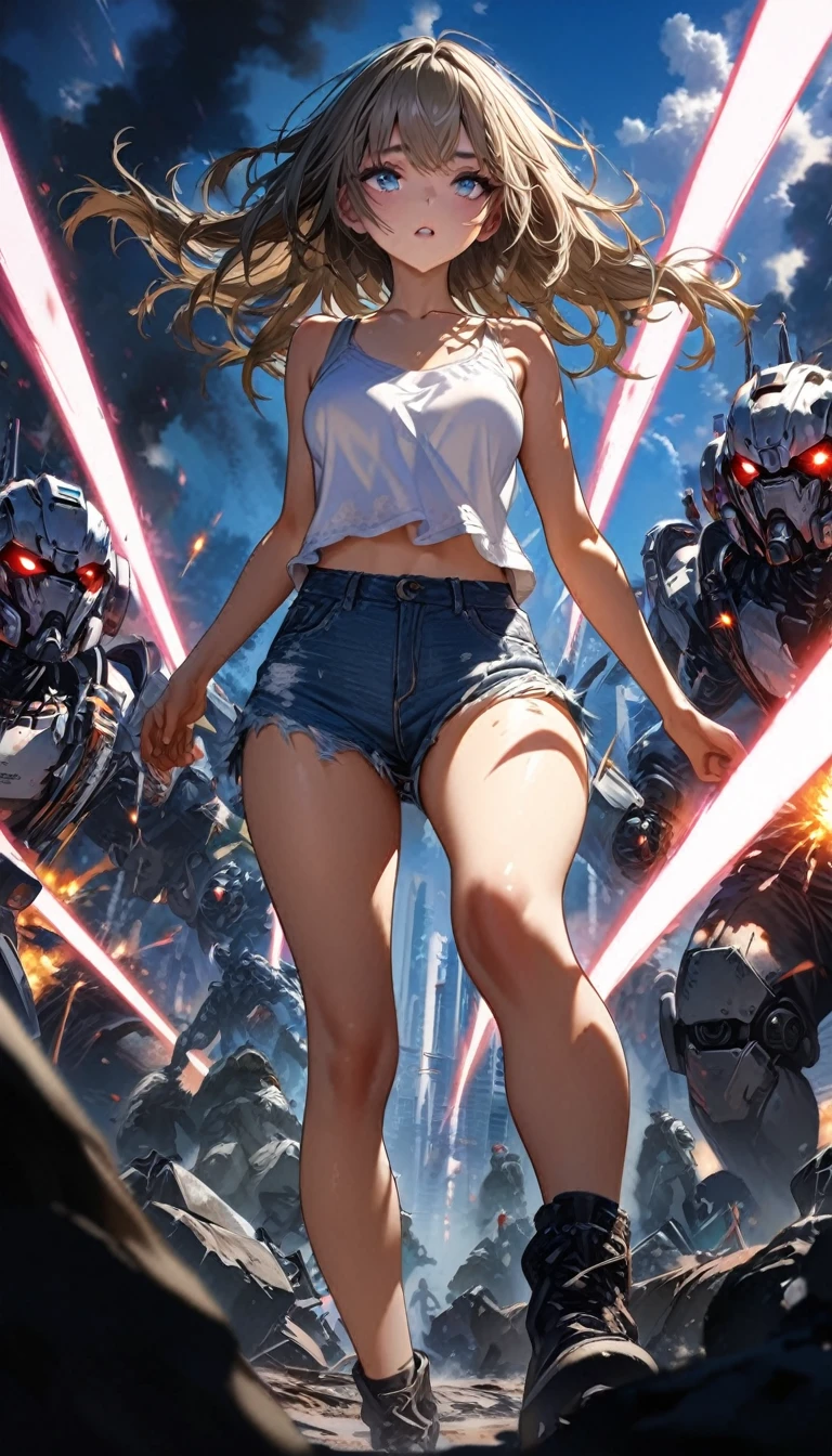 1 girl, ((super detailed, high resolution, super detailed, top quality, amazing, top quality, highly detailed CG Unity 8k wallpaper, cinematic lighting)), pov, (full body), A pretty girl is on the battlefield where the survival of humanity depends on it. She is wearing a white tank top and denim hot pants. Her eyes are red. She is pitted against many kinds of intelligent life robots. She is engaged in a dynamic battle. There are explosion marks all around her, cool and stylish.