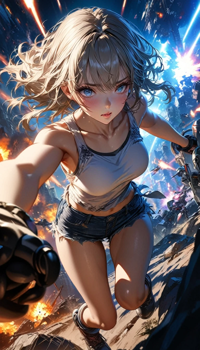 1 girl, ((super detailed, high resolution, super detailed, top quality, amazing, top quality, highly detailed CG Unity 8k wallpaper, cinematic lighting)), pov, (full body), A pretty girl is on the battlefield where the survival of humanity depends on it. She is wearing a white tank top and denim hot pants. Her eyes are red. She is pitted against many kinds of intelligent life robots. She is engaged in a dynamic battle. There are explosion marks all around her, cool and stylish.