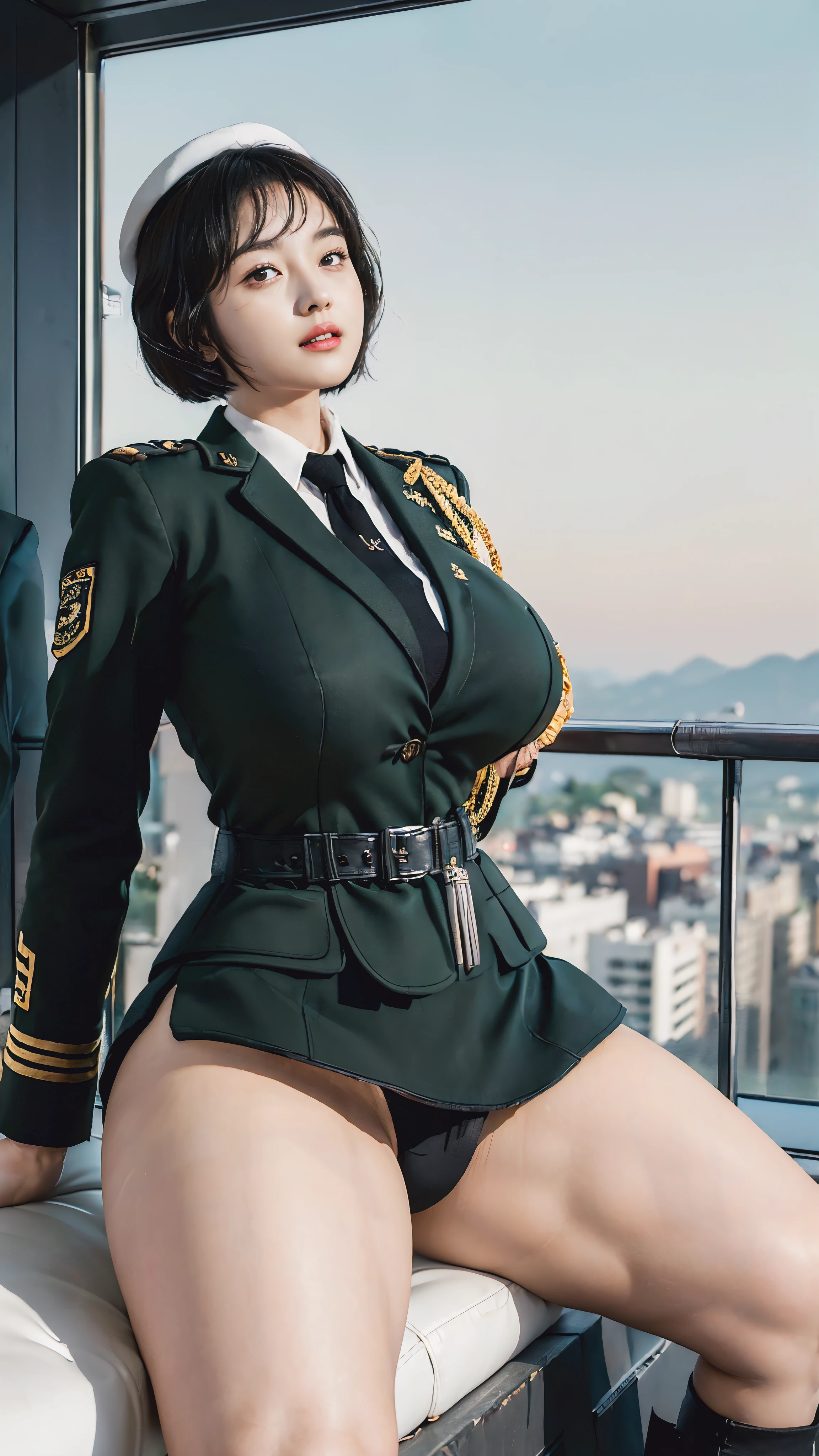 Usually detailed CG Unity 8K wallpaper，（tmasterpiece），（Best quality at best），（ultra - detailed），（ultra real photo），（best character detail：1.36），Nikon D750F / 1.4 55mm，RAW photos，profesional lighting， physically-based renderingt, 1 plump girl, girl soldier，(Dark green military uniform，Business suit，Fabric texture military uniform, perfect military composure)，(black necktie)，((white panty,))，bare-legged，Plump thighs,(military hat)，((Large wavy curls,curly hair, hair behind ear, (bob cut)):1.2)，the golden ratio,[:(Have a delicate face:1.2):0.2]:，PureErosFace_V1，Dark thick eyebrows,(gigantic breasts:1.55),(gigantic ass),(Plump thighs:1.45),(Wide crotch:1.55),((Place your finger to your breast):1.4)，Close-up shot，((Smile full of confidence， shy):1.35)，(((Close-up of panties),(Close-up of chest,closeup of face),Front view))，(Sunset sky，gentlesunlight，sunshine on face，(light shining on face)，blue-sky，Sunny smile，light glow)，white teeth，(looking at me)，(((thicc, bbwchan, thick thight, Wide hips, Buttocks swell crazily,🐎🍑,(Spread your legs widely:1.2),attractive pose,sexy pose,there  a woman in uniform sitting on the ground with her legs crossed, bare thighs, bare legs, seductive smile, film grain, cinematic lighting) )，azur lane style),spread legs,((Red flags fluttering)),black eyes，glowing skin，snow white skin，(Very close shot),(strong woman),Shot from the side