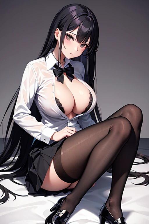 Italian girl, very long loose black hair, super mega gigantic breasts, unbuttoned white shirt, black lace bra, black pleated miniskirt, elegant shoes, slave collar, breasts tied together, thin