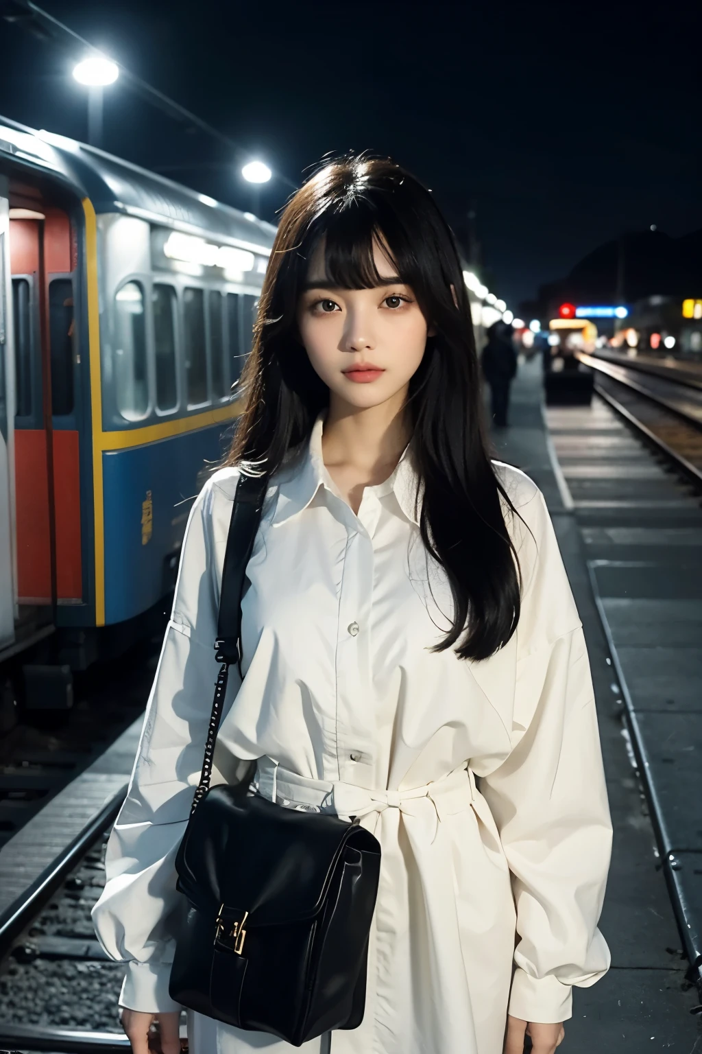 One beautiful woman。Detailed drawing of faces。Beautiful double eyelids。Straight nose。Well-shaped lips。Twenty years old。With her bangs down、Black Hair。She is standing on a deserted station platform at night.。He has a serious expression on his face.。Masterpiece。