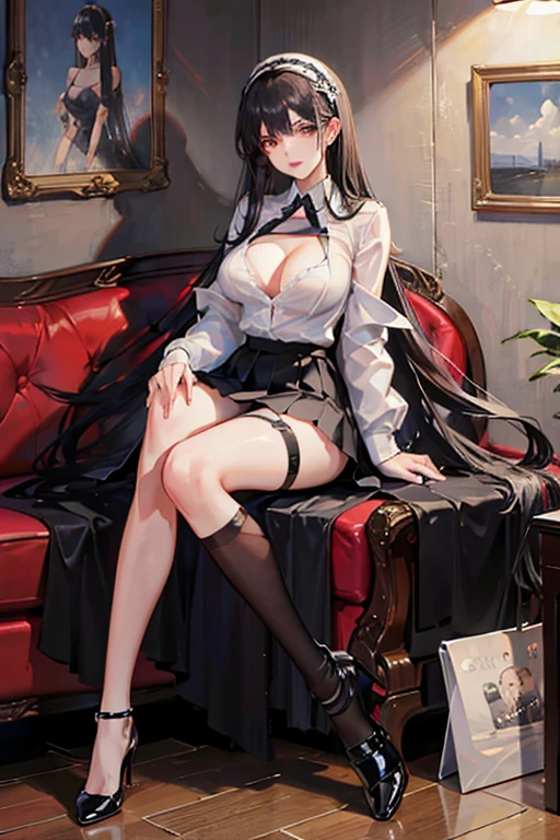 Italian girl, very long loose black hair, super mega gigantic breasts, unbuttoned white shirt, black lace bra, black pleated miniskirt, elegant shoes, slave collar, breasts tied together, thin