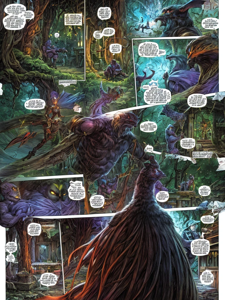 A fantasy dark fantasy world mediaval florest magic creature stranger comic panels 