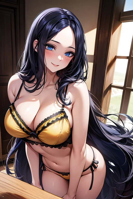 ((Black hair))), long hair, (((blue eyes))),(((forehead))) sexy, large breasts, beautiful body, masterpiece, smile, (((yellow lingerie))),sexy lingerie, beach ,busty, buxom, curvy, voluptuous,Sexual Intercourse,
