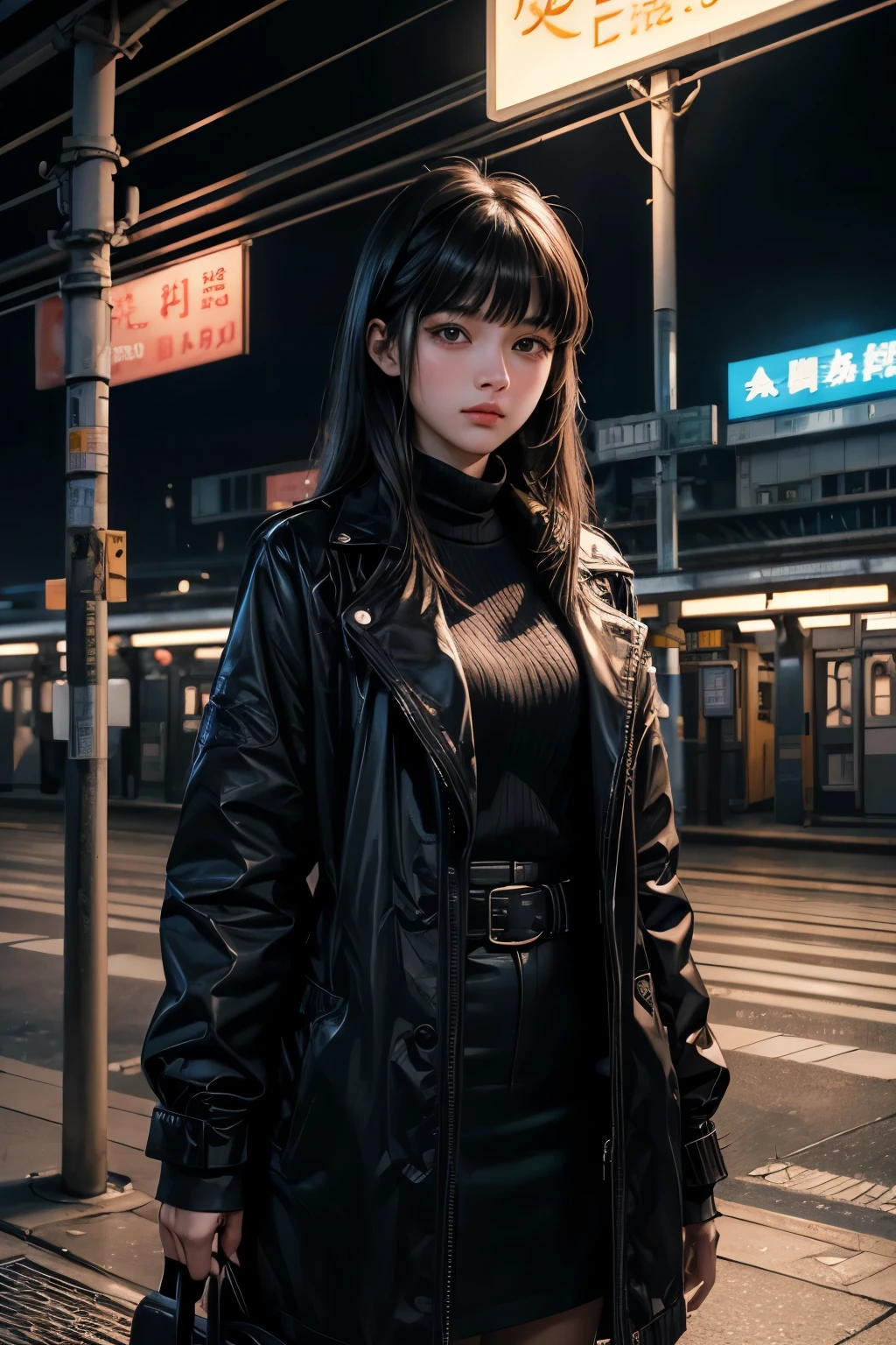 One beautiful woman。Detailed drawing of faces。Beautiful double eyelids。Straight nose。Well-shaped lips。Twenty years old。With her bangs down、Black Hair。She is standing on a deserted station platform at night.。He has a serious expression on his face.。Masterpiece。