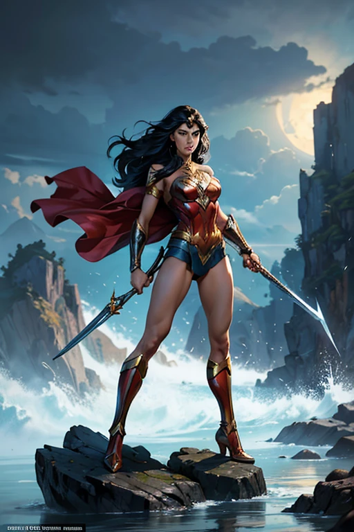 ((fantasy art)), action, heroism, grandeur, power, sensuality, dazzling shadows, expertly detailed, epic, powerful and profound. Wonder Woman from DC Comics is standing on a large rock, incredibly beautiful, slender, dynamic pose, she holds the sword in one hand and the shield in the other, her legs are slightly bent, she stares intently at the camera, Her hair is very long and flowing. Full body, full body body. waves crash over the rock she is standing on, it is raining. Style Jim Lee, Ed Benes, Ivan Reis, Frank Cho. ((best quality)), ((masterpiece)), (high resolution: 1.2), ((best quality)), ((masterpiece)), (high resolution: 1.2)