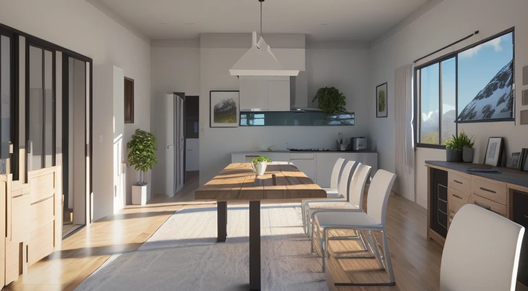 there is a table and chairs in a room with a view, Renderizado detallado de archviz, Renderizado en Unreal Engine 6, renderizado en irreal motor 5, renderizado 3D muy realista, renderizado en paisaje, corona render, Renderizado 3D altamente detallado, renderizado 3d muy detallado, renderizado muy detallado, renderizado muy detallado, archviz, renderizado en povray