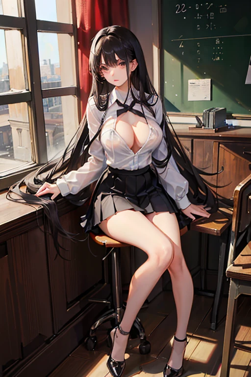 Italian girl, 25 years old, very long loose black hair, super mega gigantic breasts, unbuttoned white shirt, black lace bra, black pleated miniskirt, elegant shoes, slave collar, breasts tied together, thin, school classroom