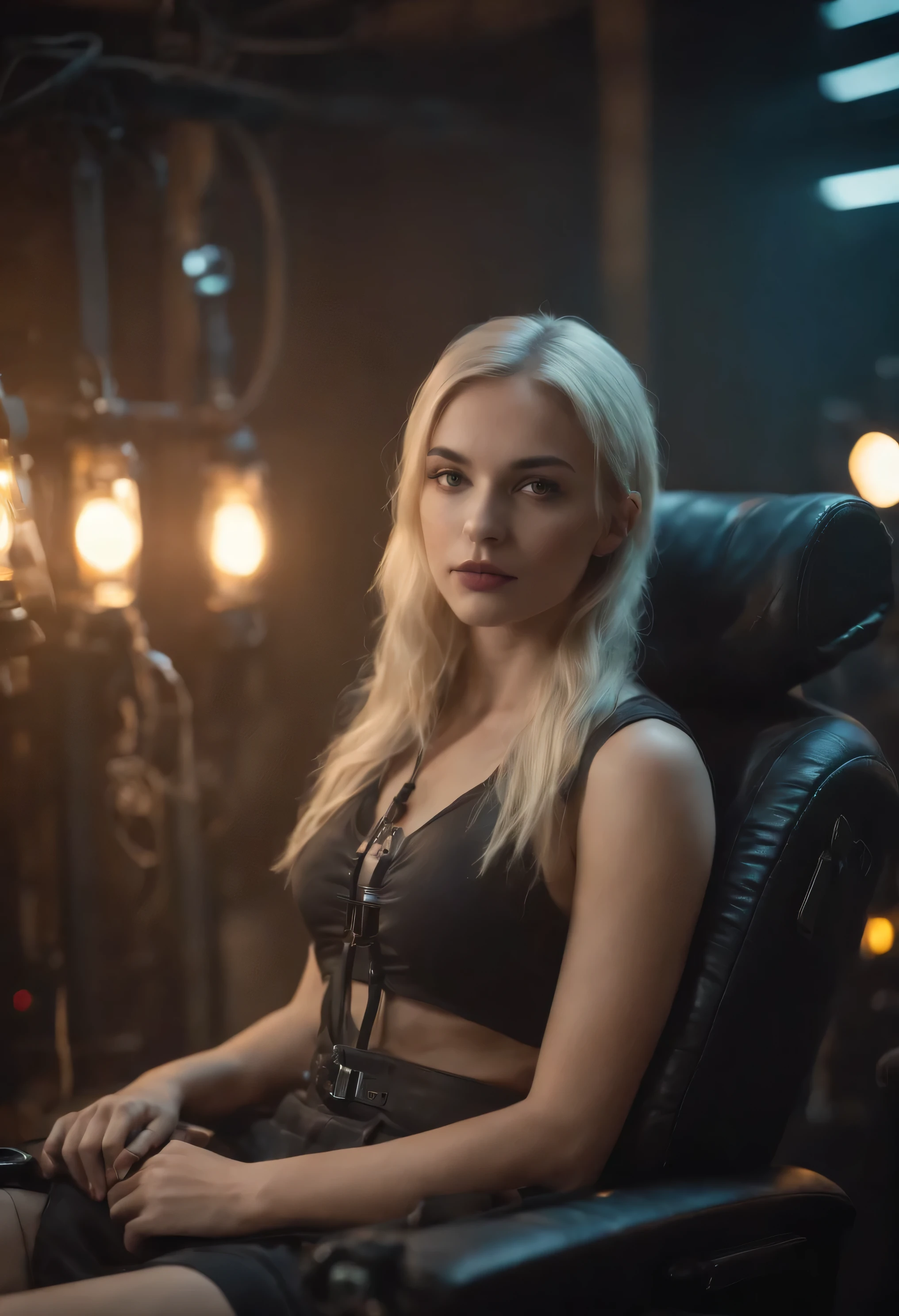 Foto realista, Kinematic, alta calidad, Vista frontal de una chica ciberpunk blonde, sitting in an armchair connected with cables and tubes, Cyberpunk room with cables, computers, fans and servers, pantalla y luces, ambiente oscuro, estilo matrix, estilo blade runner, computadoras y servidores, cluttered room, ventilador industrial de pared, estilo industrial, humo y neblina, cinematography lighting,
