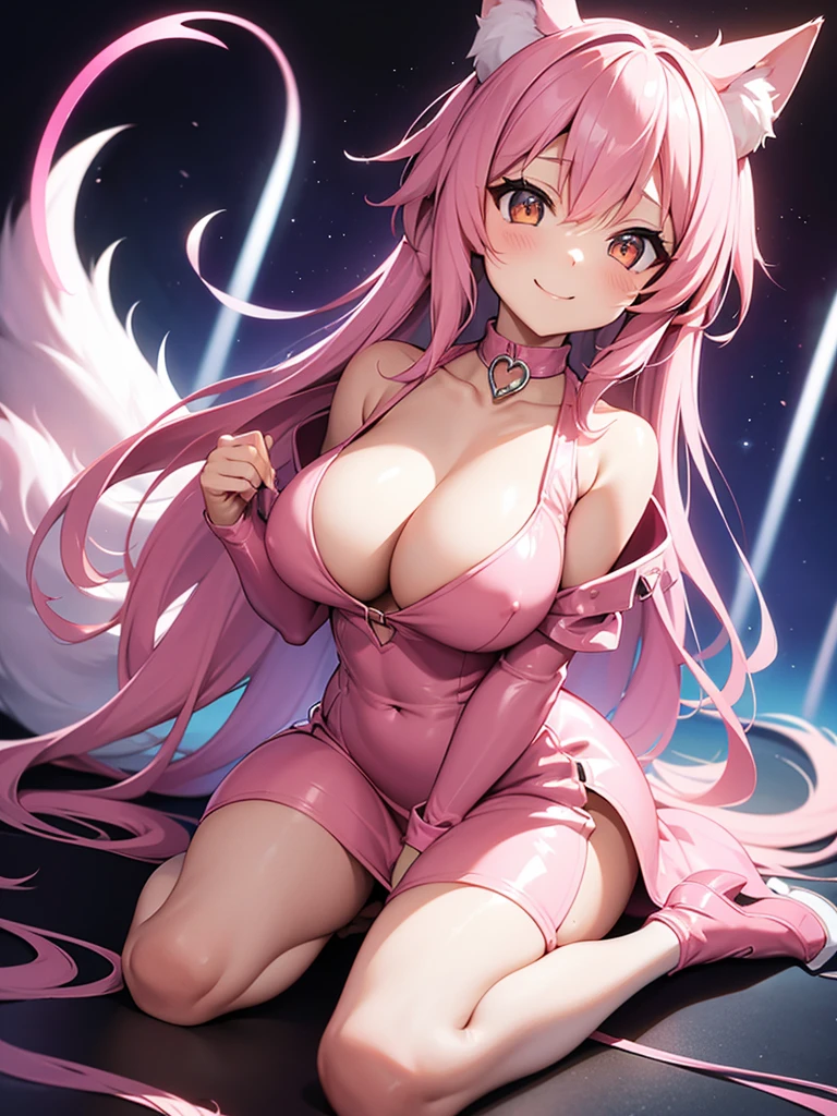 Happy , with wolf ears and pink hair, holding her cheeks, wolf tail, wearing a latex dress, looking at veiwer, full body, you can see her chest, naked breasts