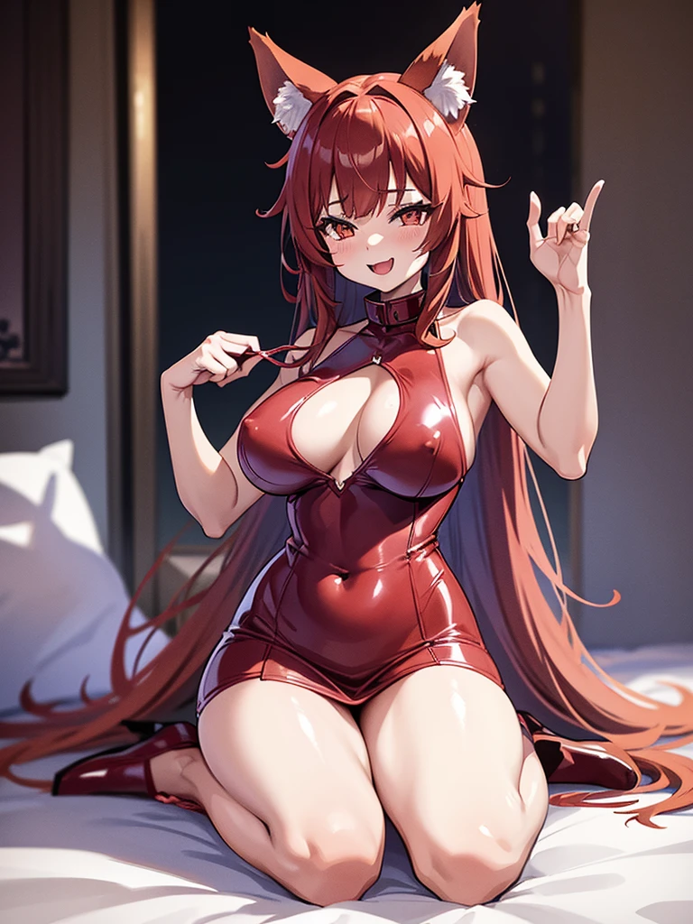 Happy woman, with wolf ears and red hair, holding her cheeks, wolf tail, wearing a latex dress, looking at veiwer, full body, you can see her chest, naked breasts