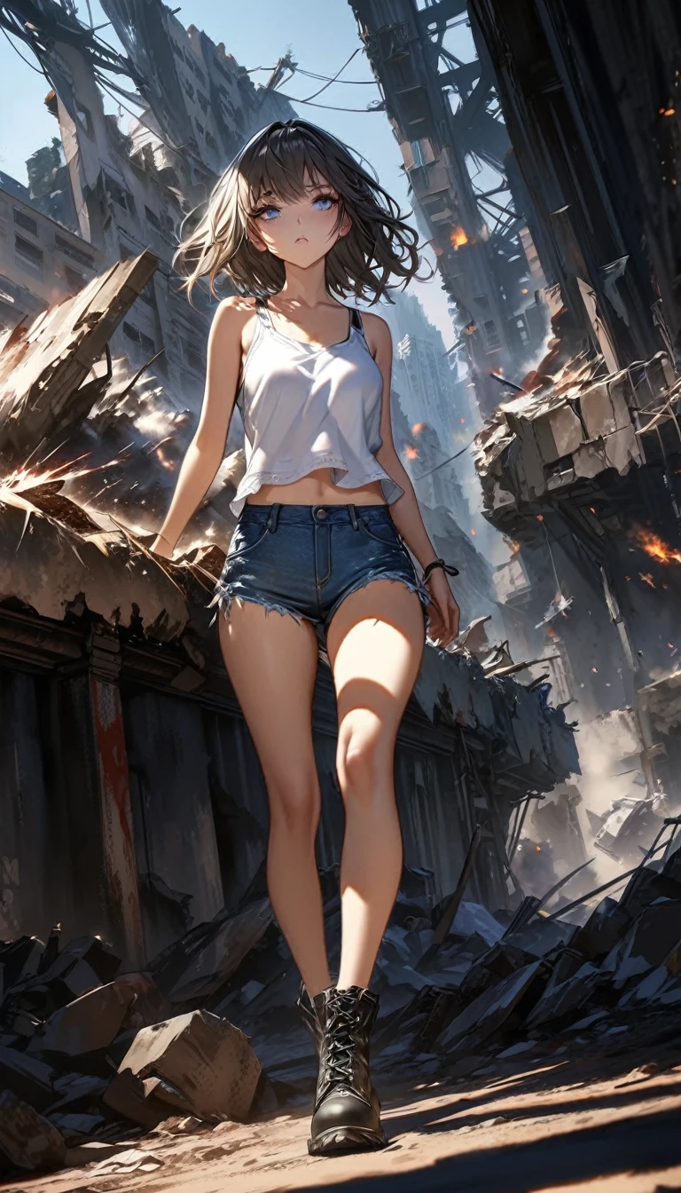 1 girl, ((super detailed, high resolution, super detailed, top quality, amazing, top quality, high detail CG Unity 8k wallpaper, cinematic lighting)), viewpoint, (full body), A pretty girl is on the battlefield where the survival of humanity is at stake. She is wearing a white tank top and denim hot pants. Her eyes are red. She is fighting a dynamic battle. She is surrounded by explosions and hidden in the shadows of collapsed buildings. The girl is fighting bravely alone. She is hiding and waiting for a chance to attack. Cool and stylish.