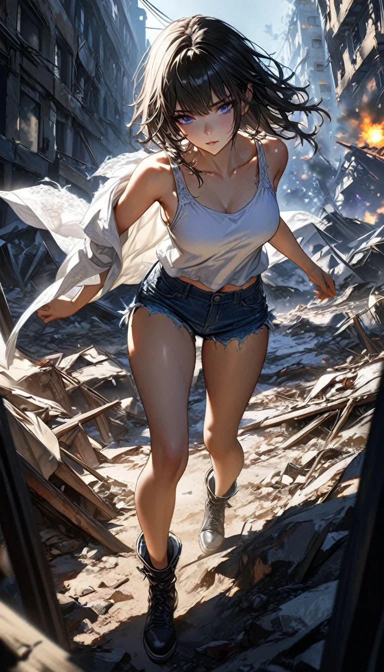 1 girl, ((super detailed, high resolution, super detailed, top quality, amazing, top quality, high detail CG Unity 8k wallpaper, cinematic lighting)), viewpoint, (full body), A pretty girl is on the battlefield where the survival of humanity is at stake. She is wearing a white tank top and denim hot pants. Her eyes are red. She is fighting a dynamic battle. She is surrounded by explosions and hidden in the shadows of collapsed buildings. The girl is fighting bravely alone. She is hiding and waiting for a chance to attack. Cool and stylish.