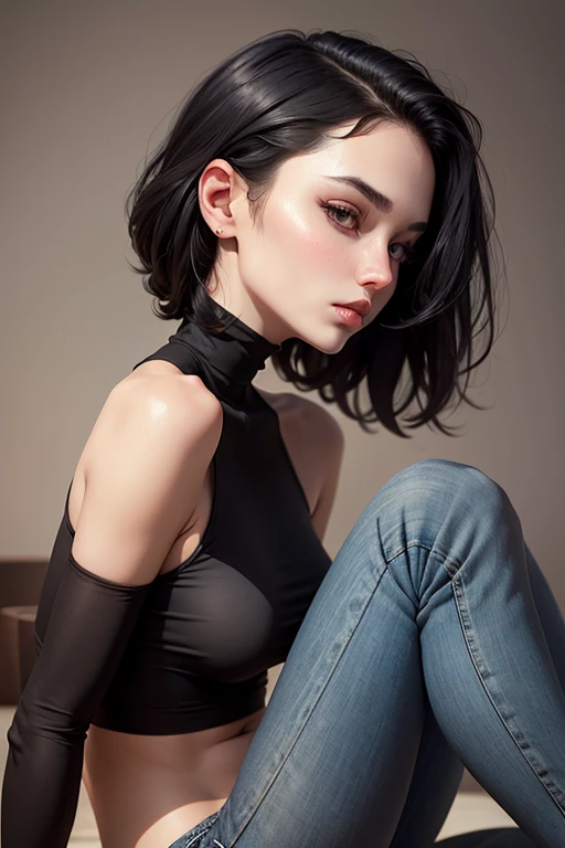 Masterpiece high quality high details realistic face ultra realistic face thin face girl with slender thin figure and short dark black hair till neck wearing black turtle neck and jeans face profile
