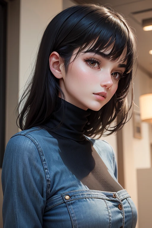 Masterpiece high quality high details realistic face ultra realistic face thin face girl with slender thin figure and short dark black hair till neck wearing black turtle neck and jeans face profile
