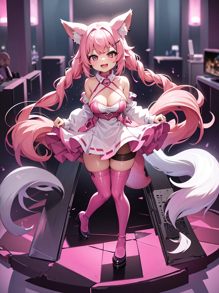 Happy young girl, with wolf ears and pink hair, holding her cheeks, wolf tail, wearing a latex dress, looking at veiwer, full body, you can see her chest, naked breasts