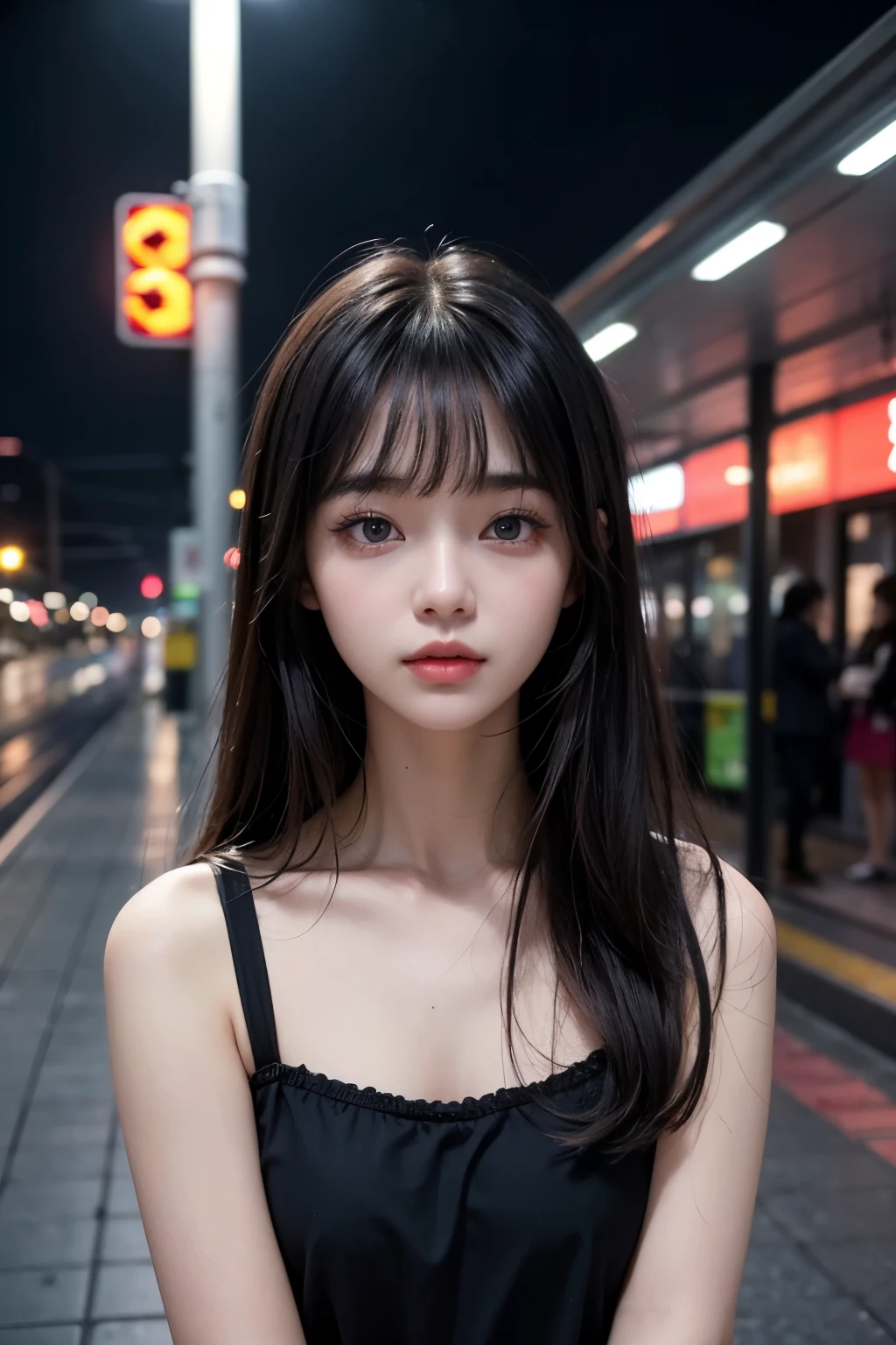 One beautiful woman。Detailed drawing of faces。Beautiful double eyelids。Straight nose。Well-shaped lips。Twenty years old。With her bangs down、Black Hair。She is standing on a deserted station platform at night.。He has a serious expression on his face.。Masterpiece。