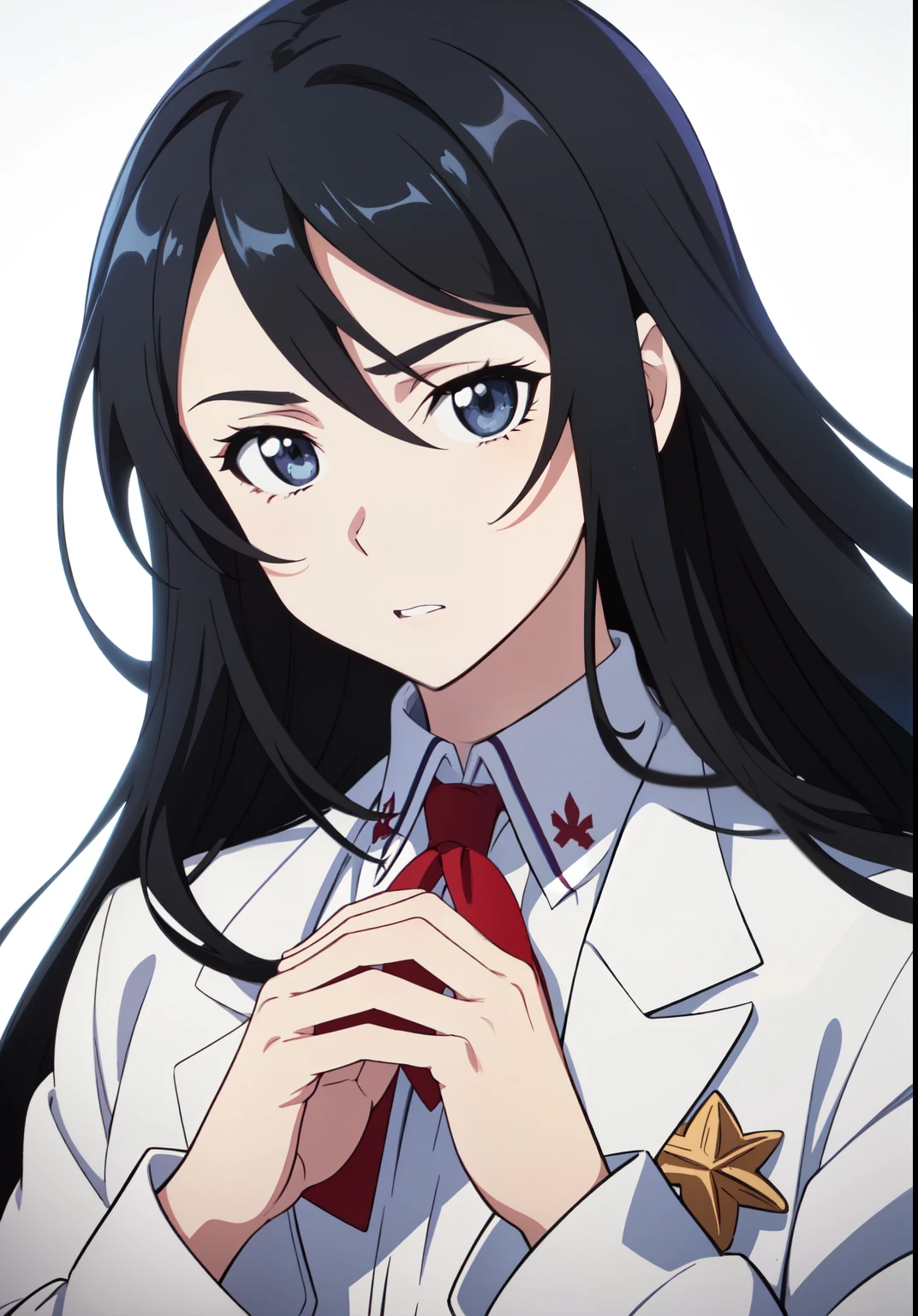 ((Anime)) ,((Young woman)), (masterpiece:1.2), Best quality, a high resolution, unity 8k wallpaper, (illustration:1.2), (very detailed face), (Perfect hands), (Ideal Anatomy), ((long hair)), ((black hair)), (lilac eyes), (white jacket), (White shirt), (red antler on the neck), ((White background)), (mysterious), ((emotion:🔮))