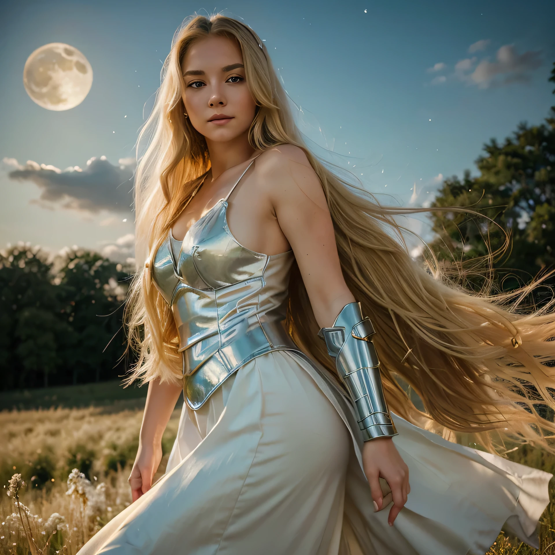 A young woman with a long blonde hair flowing like a cascade in the wind. Her eyes are as clean as the moon. She wears elegant armor adorned. Portray her in an open field under the gentle glow of the moon.