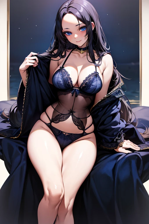 ((Black hair))), long hair, (((blue eyes))),(((forehead))) sexy, large breasts, beautiful body, masterpiece, smile, (((navy lingerie))),sexy lingerie, beach ,busty, buxom, curvy, voluptuous,Sexual Intercourse,
