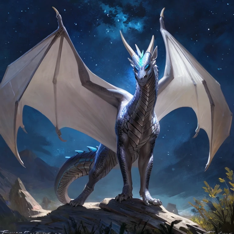 Detailed painting, by Taran Fiddler, solo, dragon, full body, feral, night time, silver white scales, iridescent scales, sleek body, wings, shimmering blue eyes