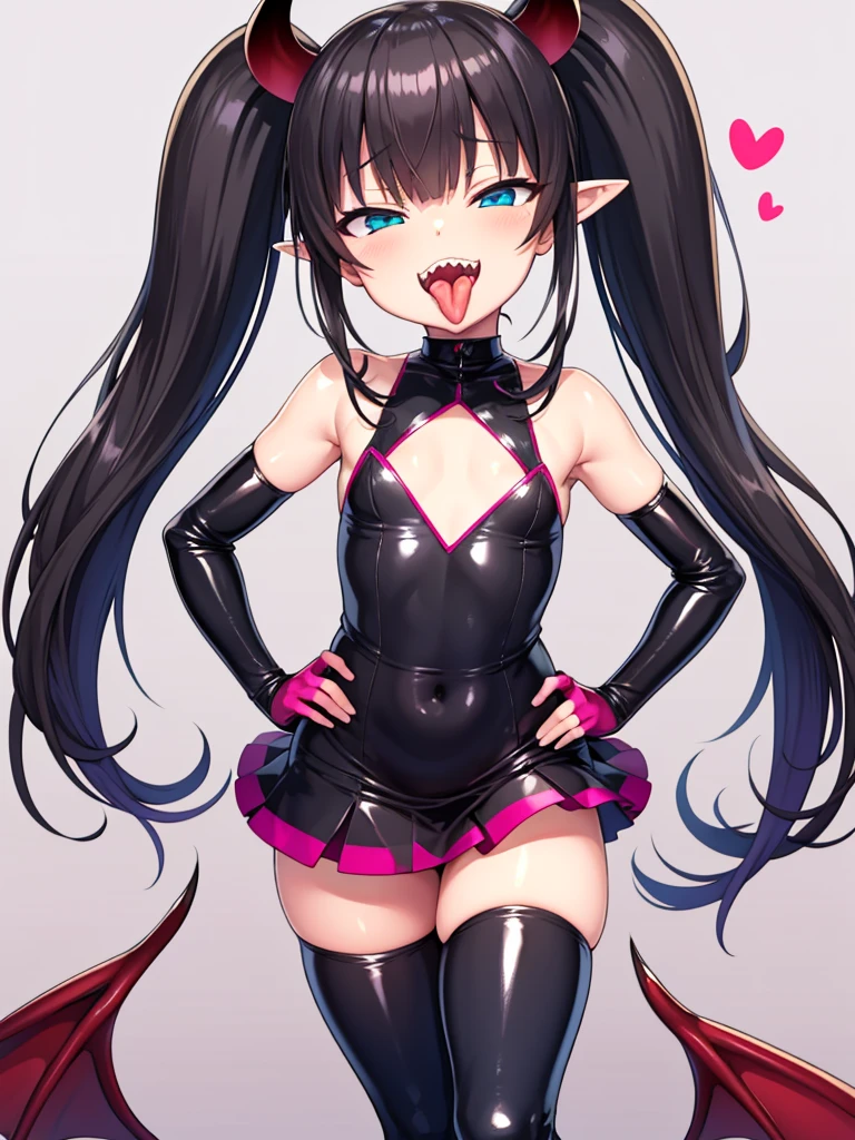 tachi-e, game cg, Highly detailed and realistic CG, Colorful, Masterpiece, Best Quality, jewel-like eyes, 1girl, solo, black hair, shiny hair, long straight hair, very long twintails, slender, skinny legs, succubus girl,succubus luxury dress, mini skirt, succubus boots, aqua blue eyes, flat chest, black elbow gloves, latex, smirk, smile, jitome, half-closed eyes, tsurime, simple background, from pov, best quality eyes, sharp teeth, tsundere, standing, contrapposto, hand on hip, (shiny skin:1.0), succubus wings, succubus tail, mesugaki, teasing, smug, cute girl, , open mouth, fangs, tongue out, pointy ears, pink heart tattoo, (Sharp Focus:1.2), Thin arms, Thin legs, outline, Evil Female Executive Succubus,