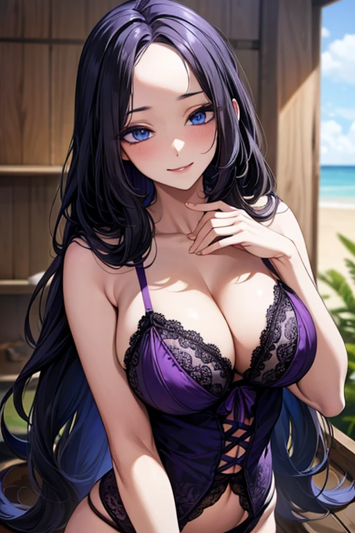 ((Black hair))), long hair, (((blue eyes))),(((forehead))) sexy, large breasts, beautiful body, masterpiece, smile, (((purple lingerie))),sexy lingerie, beach ,busty, buxom, curvy, voluptuous,Sexual Intercourse,