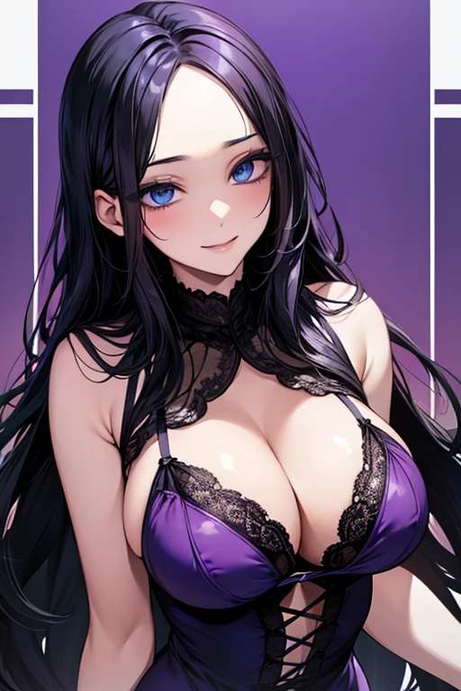 ((Black hair))), long hair, (((blue eyes))),(((forehead))) sexy, large breasts, beautiful body, masterpiece, smile, (((purple lingerie))),sexy lingerie, beach ,busty, buxom, curvy, voluptuous,Sexual Intercourse,