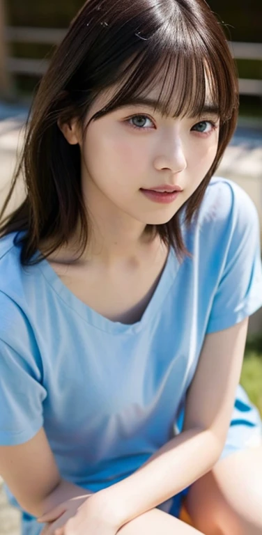 (8k), (highest quality: 1.2), (Realistic), (Realistic: 1.37), Ultra-high resolution,RAW Photos、 1 girl, Head to knee photo、cute, smile, Mouth closed, Beautiful details, Beautiful Nose, whole body, Wet Hair, Giant Dulcefo, pork, , (Small breasts)、Flat Chest、Breast like a 、Tight blouse that clings to the breasts、Nipples are visible through the、Voluptuous thighs、Odd Eye、Heterochromia iridis