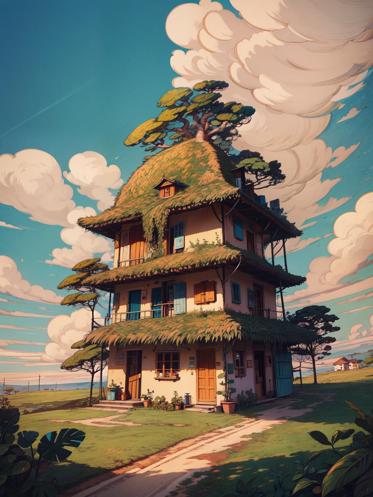 aerial view, Indian village, big banyan tree with roots, beautiful hut, step farming, western ghats, windy, beautiful weather, stubble, banyan trees, vibrant tones, shining clouds, evening time, thick lines, cozy tones, beautiful sky, ghibli style, outdoors, cozy atmosphere, micro landscape, intrinsic details