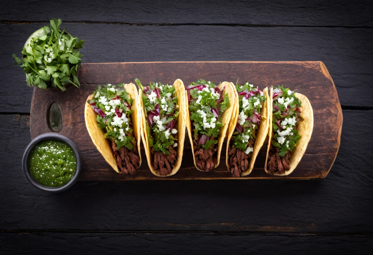 {{A mouthwatering depiction of {a set of three delicious carne asada tacos topped with fresh minced cilantro and diced onion}}} with {lime wedges and green salsa on the side}. This is a {culinary art}-inspired image that showcases {the vibrant colors and textures of the tacos}. The environment/background should be {an outdoor wooden table} to create an {inviting and casual atmosphere}. The image should be in the style of a {high-resolution photograph}, incorporating elements of {David Loftus and Jamie Oliver's food photography}. The {close-up} shot, captured with a {macro} lens, will provide a {detailed and intimate perspective}. The lighting should be {natural daylight}, emphasizing {the freshness and appetizing qualities of the tacos}. The desired level of detail is {high} with a {4K} resolution, highlighting {the textures of the meat, vegetables, and tortillas}. The goal is to create a {visually delicious} image that captivates viewers with its {rich colors and appetizing presentation}.