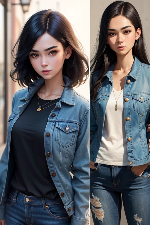 Masterpiece high quality high details realistic face ultra realistic face thin face girl with slenderthin figure and short dark black hair till neck wearing blue jacket and jeans

