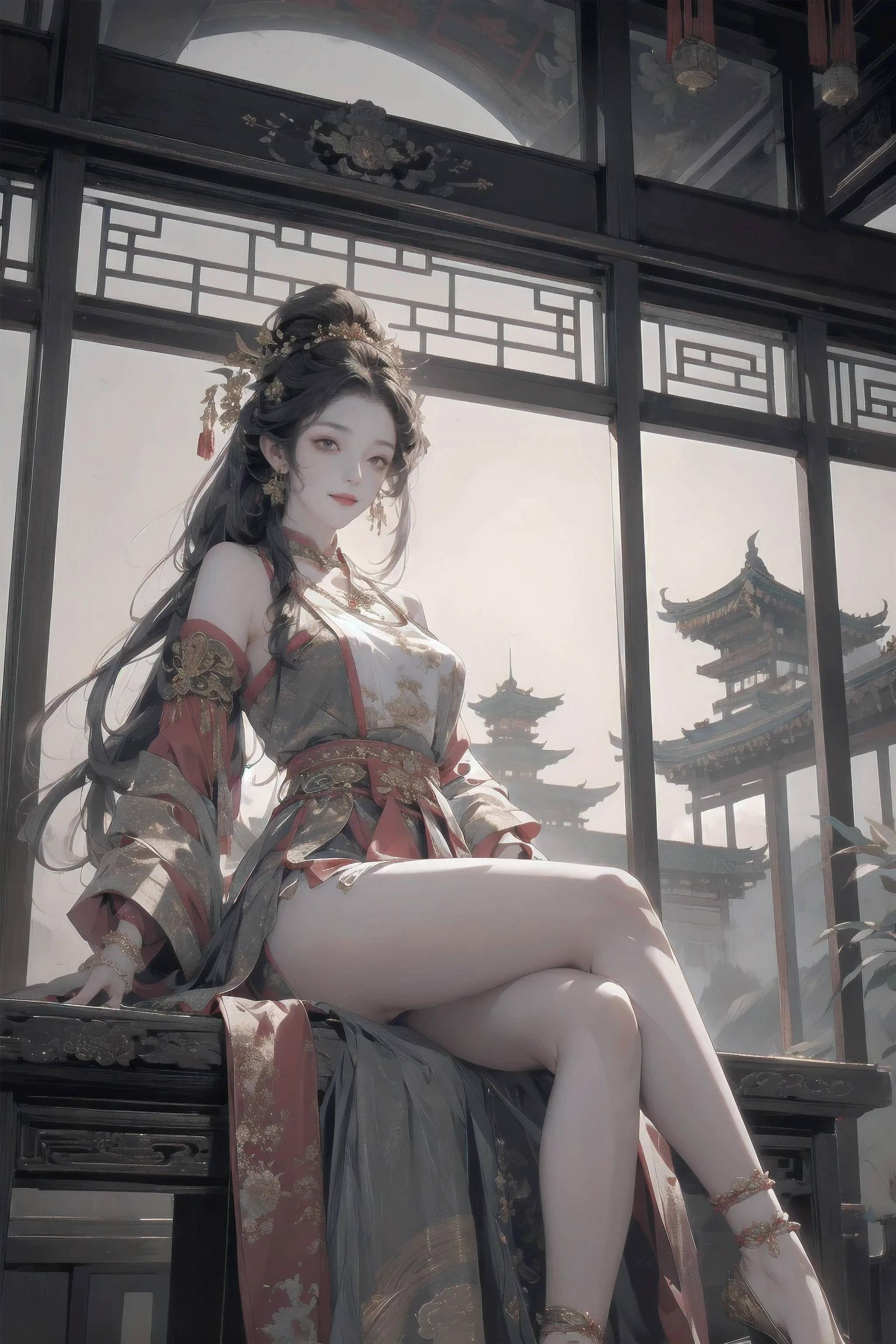 Best quality at best, tmasterpiece, A high resolution, 1 girl, ancient Chinese pink a skirt, Nice face, ancient Chinese costume, Bow tie no original picture, Elegant, noble, diadems, lean legs, faeries, hair adornments, Alone, looking at viewert, Smiling, shut up, Open, a skirt,high-heels, hair adornments, choker necklace, jewely, Long gray hair, ear nipple ring, architecture, east asian architecture