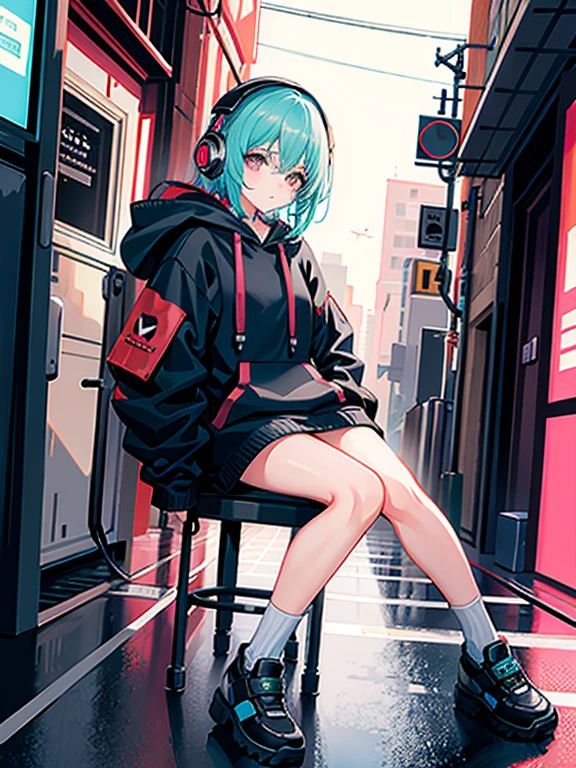 masterpiece, girl alone, solo, incredibly absurd, hoodie, headphones, street, outdoor, rain, neon,