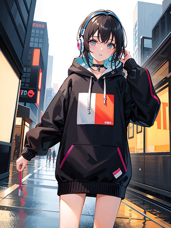 masterpiece, girl alone, solo, incredibly absurd, hoodie, headphones, street, outdoor, rain, neon,