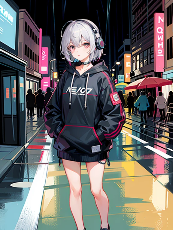 masterpiece, girl alone, solo, incredibly absurd, hoodie, headphones, street, outdoor, rain, neon,
