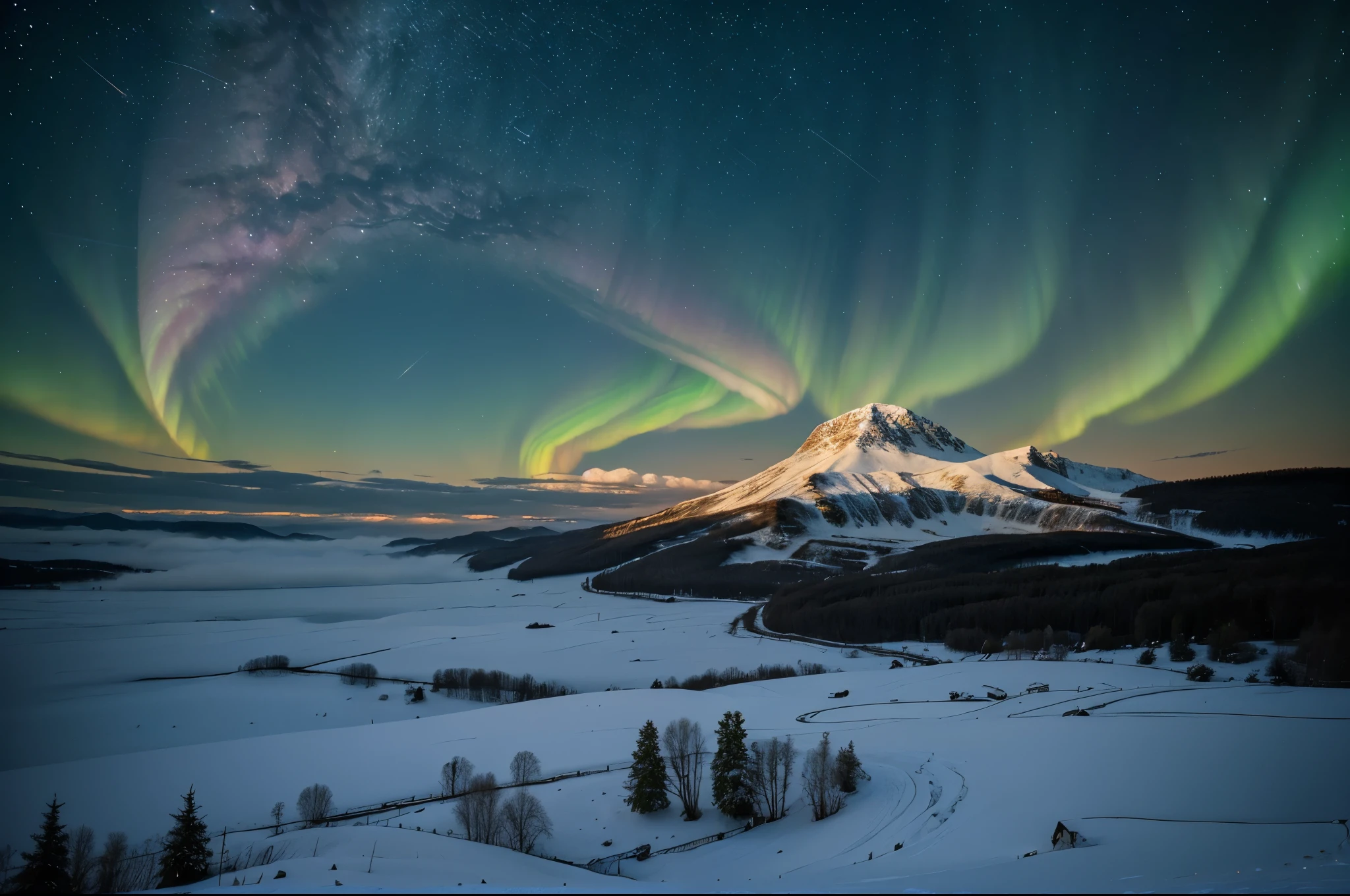 Background, lonely mountain high above clouds, winter sky with galaxy constellations, beautiful milky way and northern lights, aurora and moon, winter night with small city wallpaper, beautiful lake, high detailed, realistic 8k full HD.