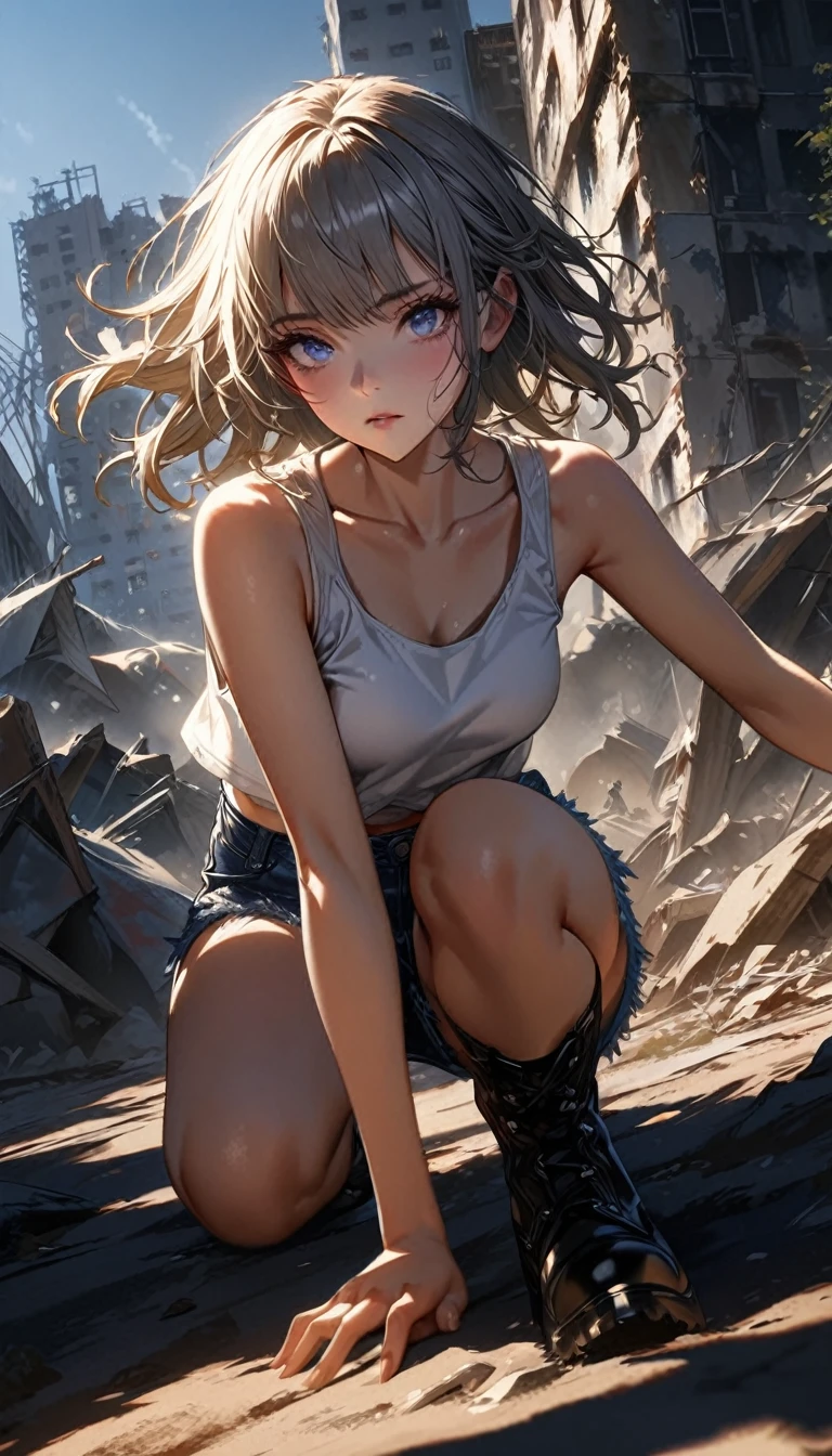 1 girl, ((super detailed, high resolution, super detailed, top quality, amazing, top quality, high detail CG Unity 8k wallpaper, cinematic lighting)), viewpoint, (full body), A pretty girl is on the battlefield where the survival of humanity is at stake. She is wearing a white tank top and denim hot pants. Her eyes are red. She is crouched and hidden in the shadow of a collapsed building with explosion marks all around her. The girl is fighting bravely alone. She is hiding and waiting for a chance to attack. Cool and stylish.